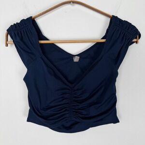 FP Movement Breathe Deeper Navy Blue Ruched V-Neck Back Cutout Crop Top XS